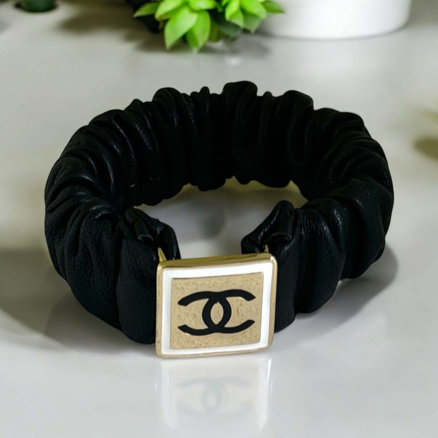 Chanel Gold CC Black Leather Scrunchie