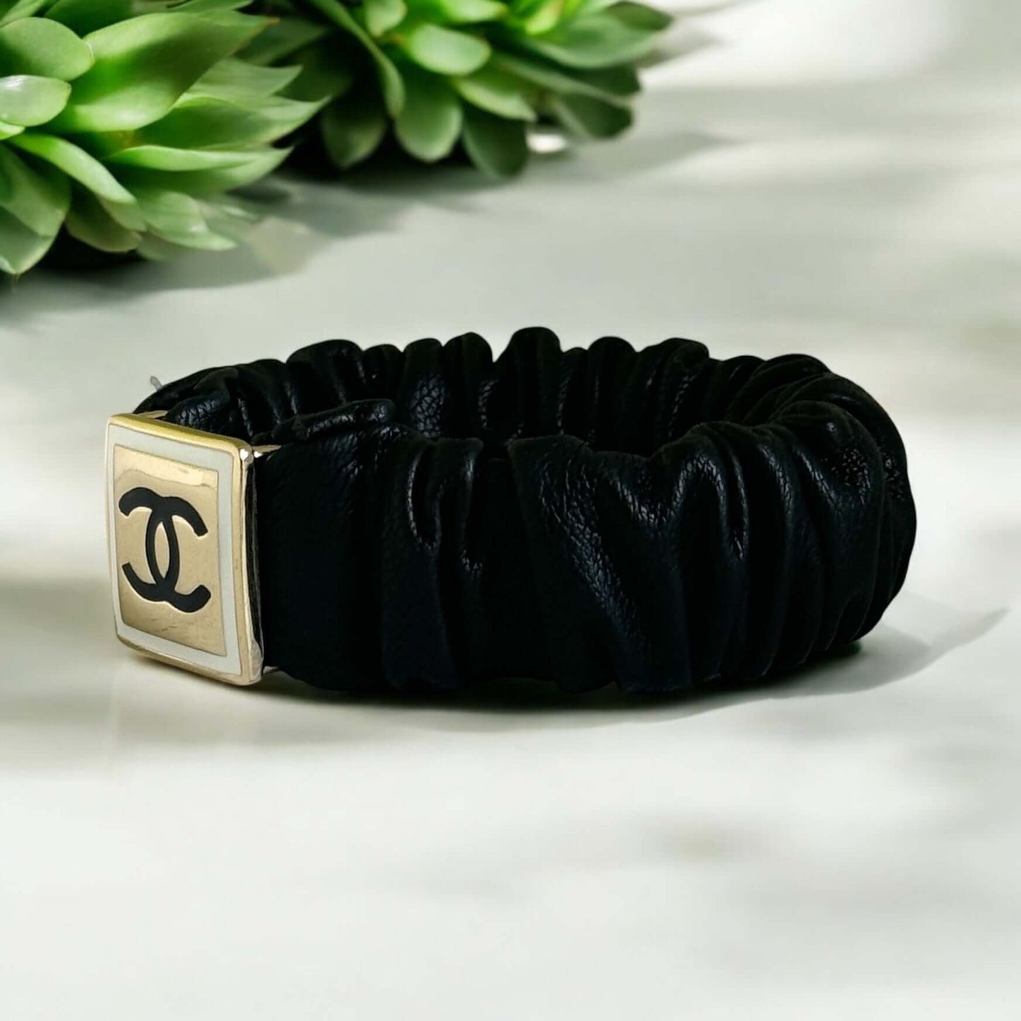 Chanel Gold CC Black Leather Scrunchie