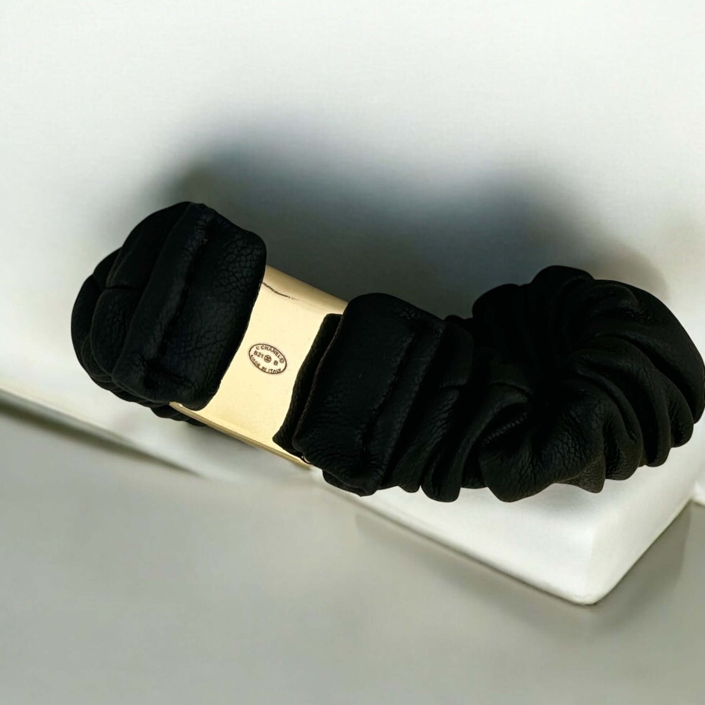 Chanel Gold CC Black Leather Scrunchie