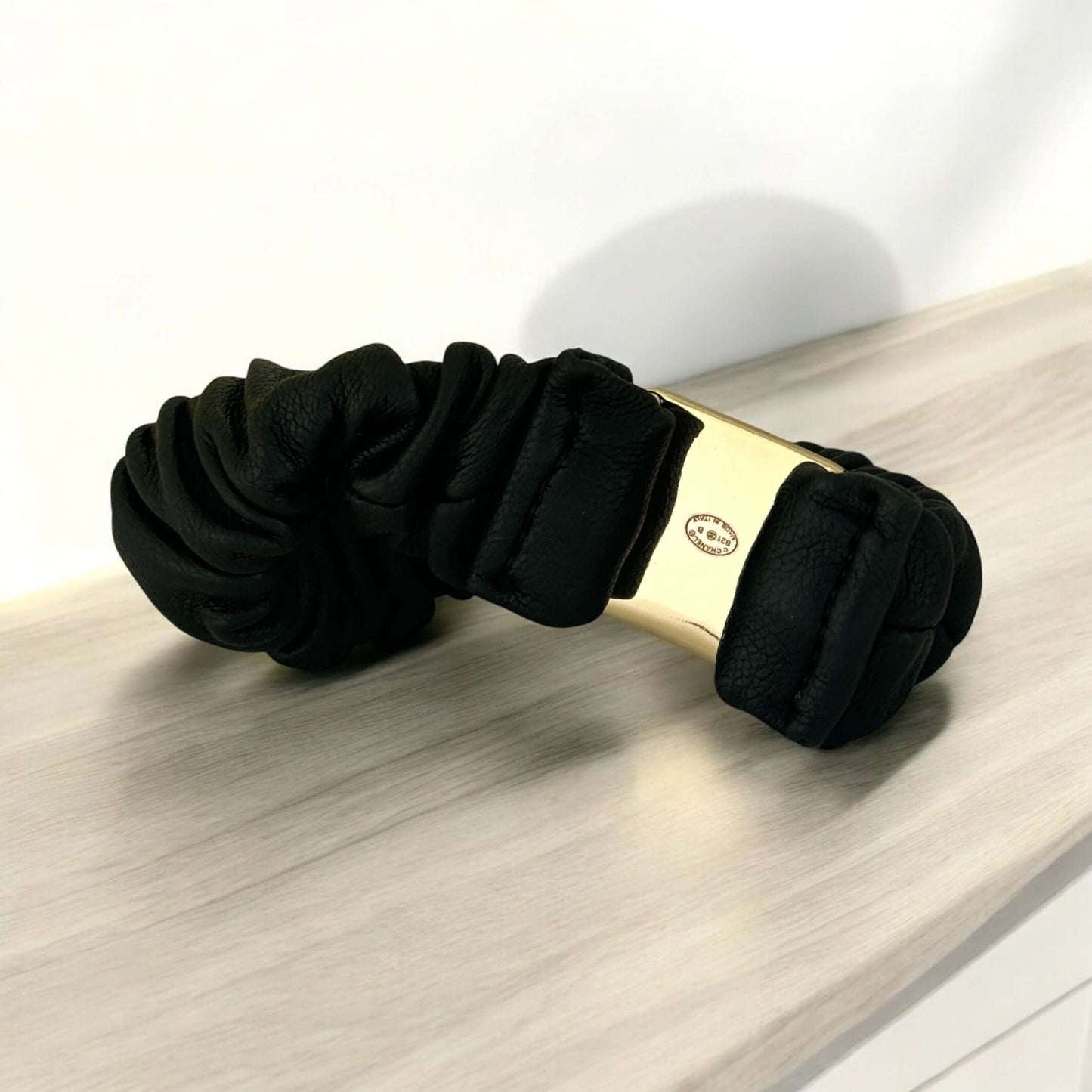 Chanel Gold CC Black Leather Scrunchie