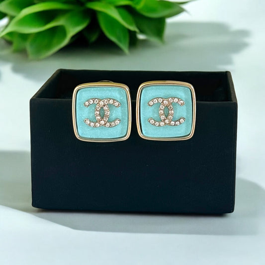 Chanel Gold Tiffany Blue Enamel Crystal CC center earrings