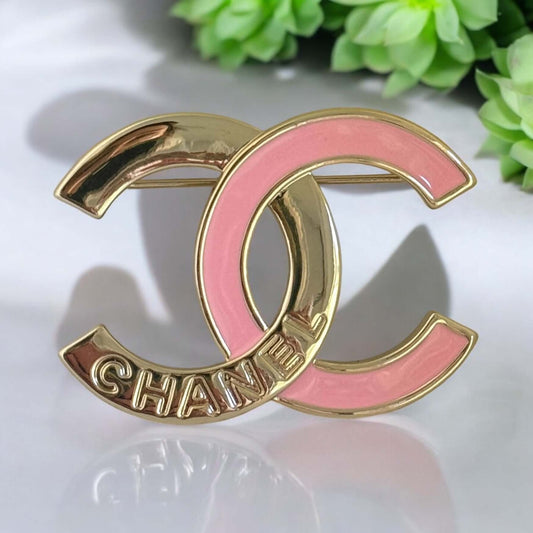 Authentic Chanel CC Gold w/ Pink Enamel Gold Brooch Pre-Owned