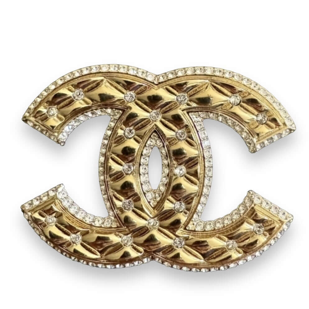 Chanel Gold CC Quilted W/ Crystals Brooch Pin Pre-Owned