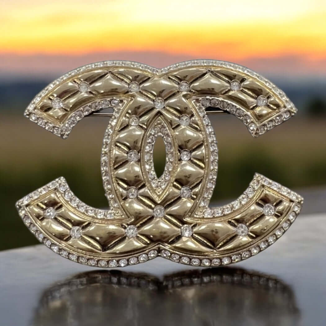 Chanel Gold CC Quilted W/ Crystals Brooch Pin Pre-Owned