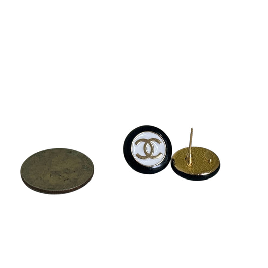Iconic CHANEL Gold, Black & White Button Sized Pre-owned Earrings Like New - My Mama Found What   My Mama Found What 