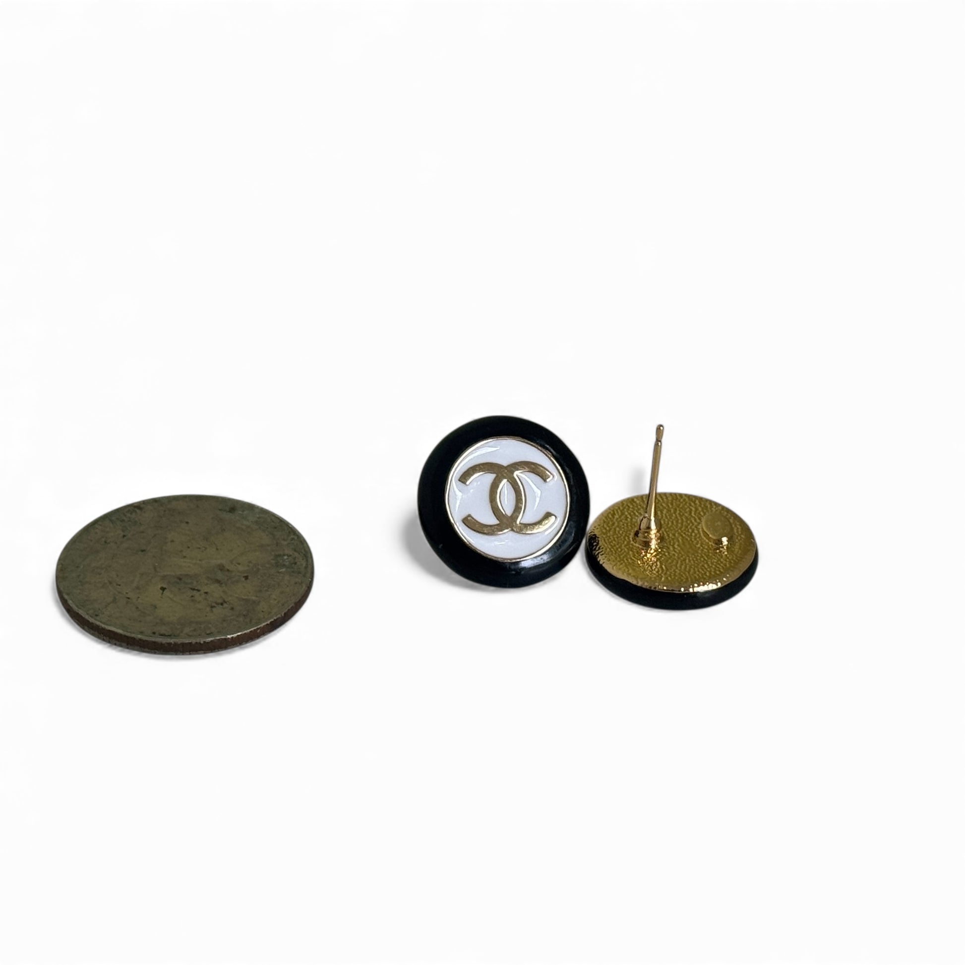 Iconic CHANEL Gold, Black & White Button Sized Pre-owned Earrings Like New - My Mama Found What  