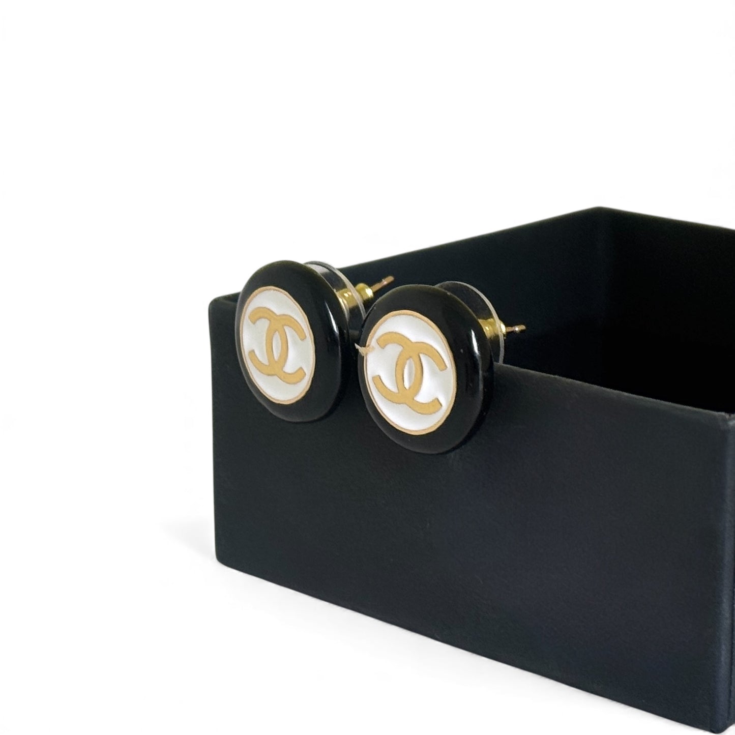Iconic CHANEL Gold, Black & White Button Sized Pre-owned Earrings Like New - My Mama Found What   My Mama Found What 