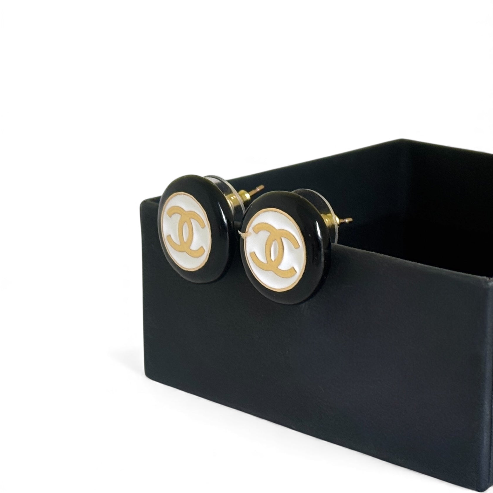 Iconic CHANEL Gold, Black & White Button Sized Pre-owned Earrings Like New - My Mama Found What  