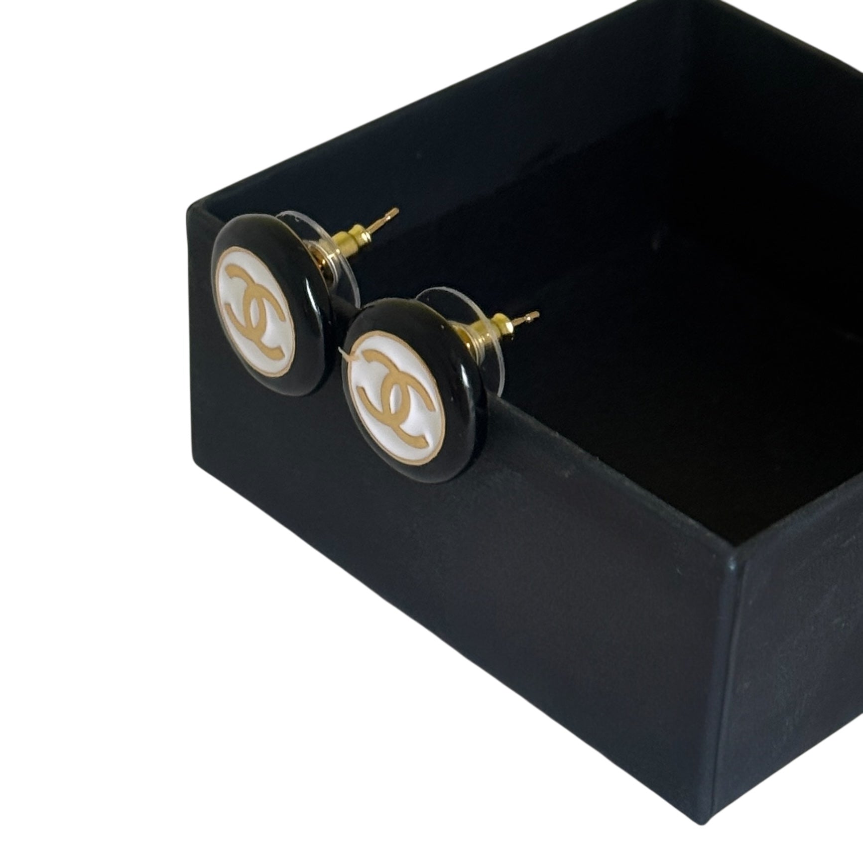 Iconic CHANEL Gold, Black & White Button Sized Pre-owned Earrings Like New - My Mama Found What  