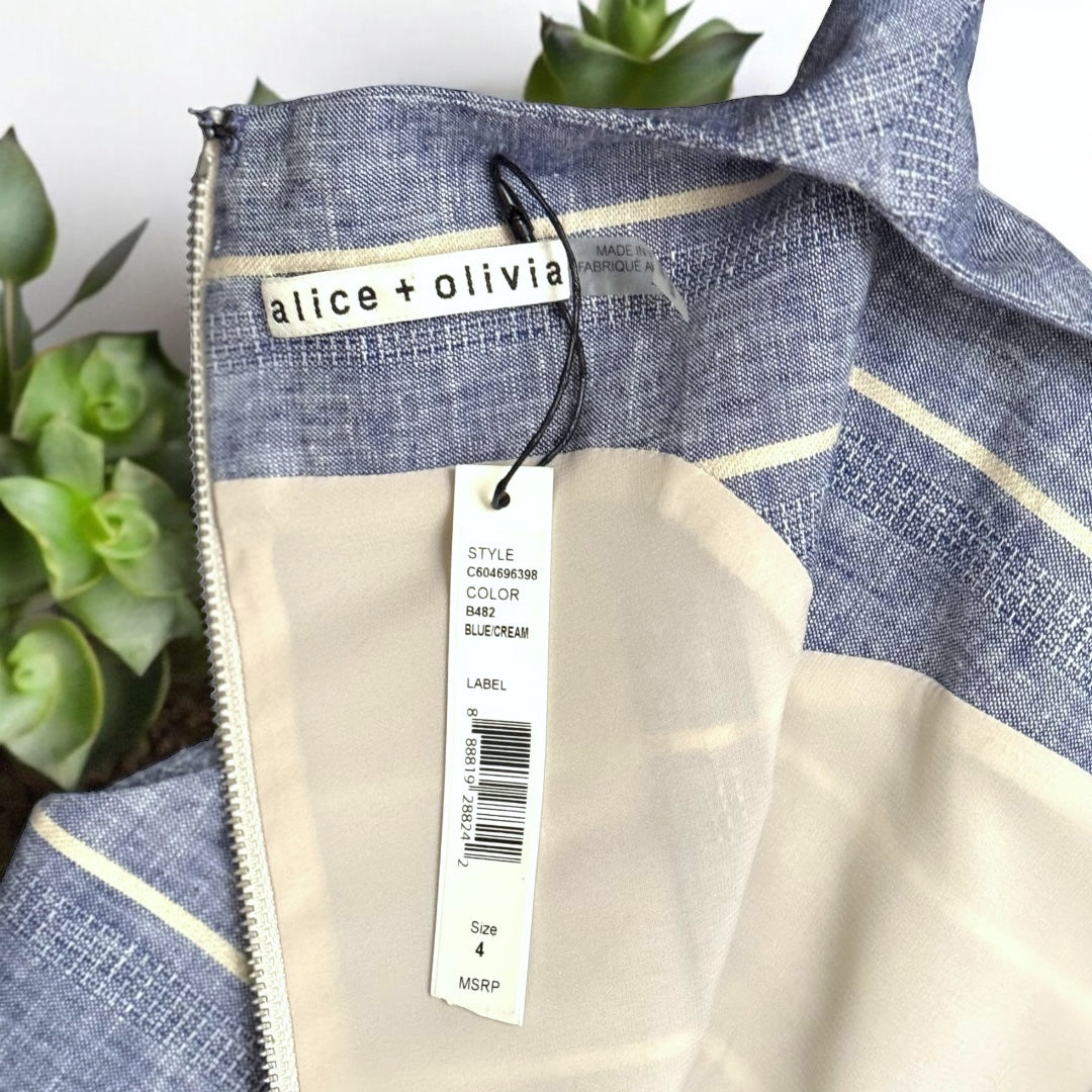 NWT Alice & Olivia Sleeveless Blue & White Striped Lindsey DressBrand New Sold Out Perfect for the warmer months . Very Flattering as it brings in your waist and gives you freedom below ! Lined Zips in the Back Dress this Classic , Minimalist Dress Up . S