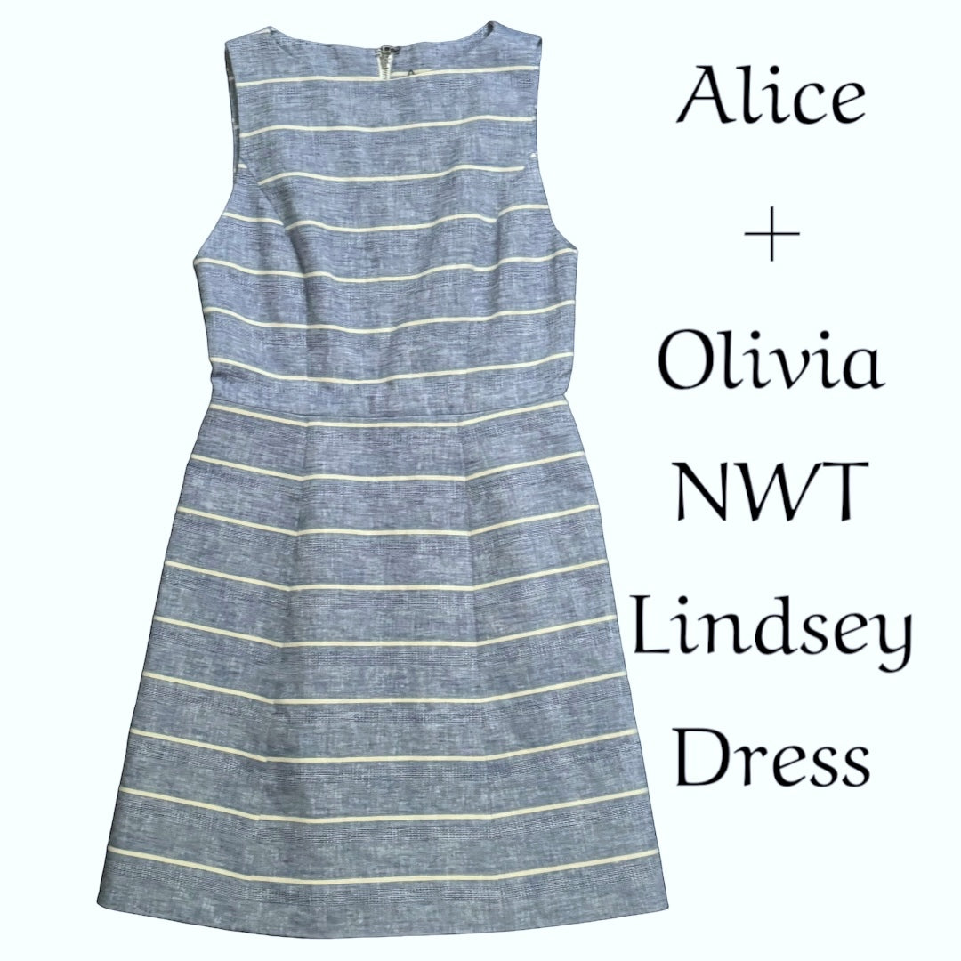 NWT Alice & Olivia Sleeveless Blue & White Striped Lindsey DressBrand New Sold Out Perfect for the warmer months . Very Flattering as it brings in your waist and gives you freedom below ! Lined Zips in the Back Dress this Classic , Minimalist Dress Up . S