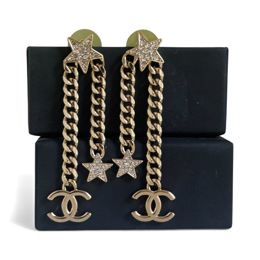 CHANEL Star Gold Crystal Chain Dangle Authentic Pre-Owned Earrings My Mama Found What 