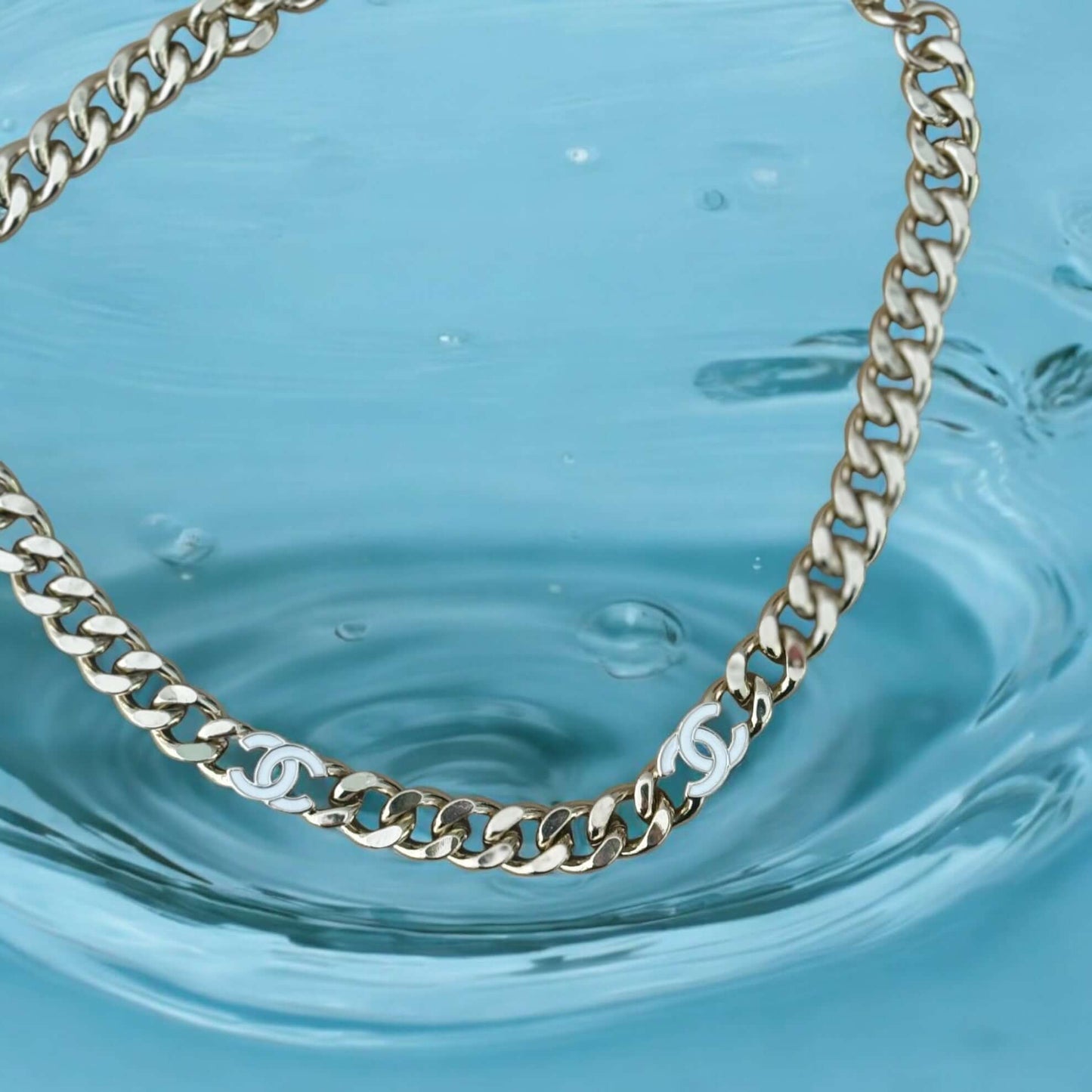Pre-Owned Authentic Chanel CC Gold Chain Link w/white enamel choker - My Mama Found What   My Mama Found What 
