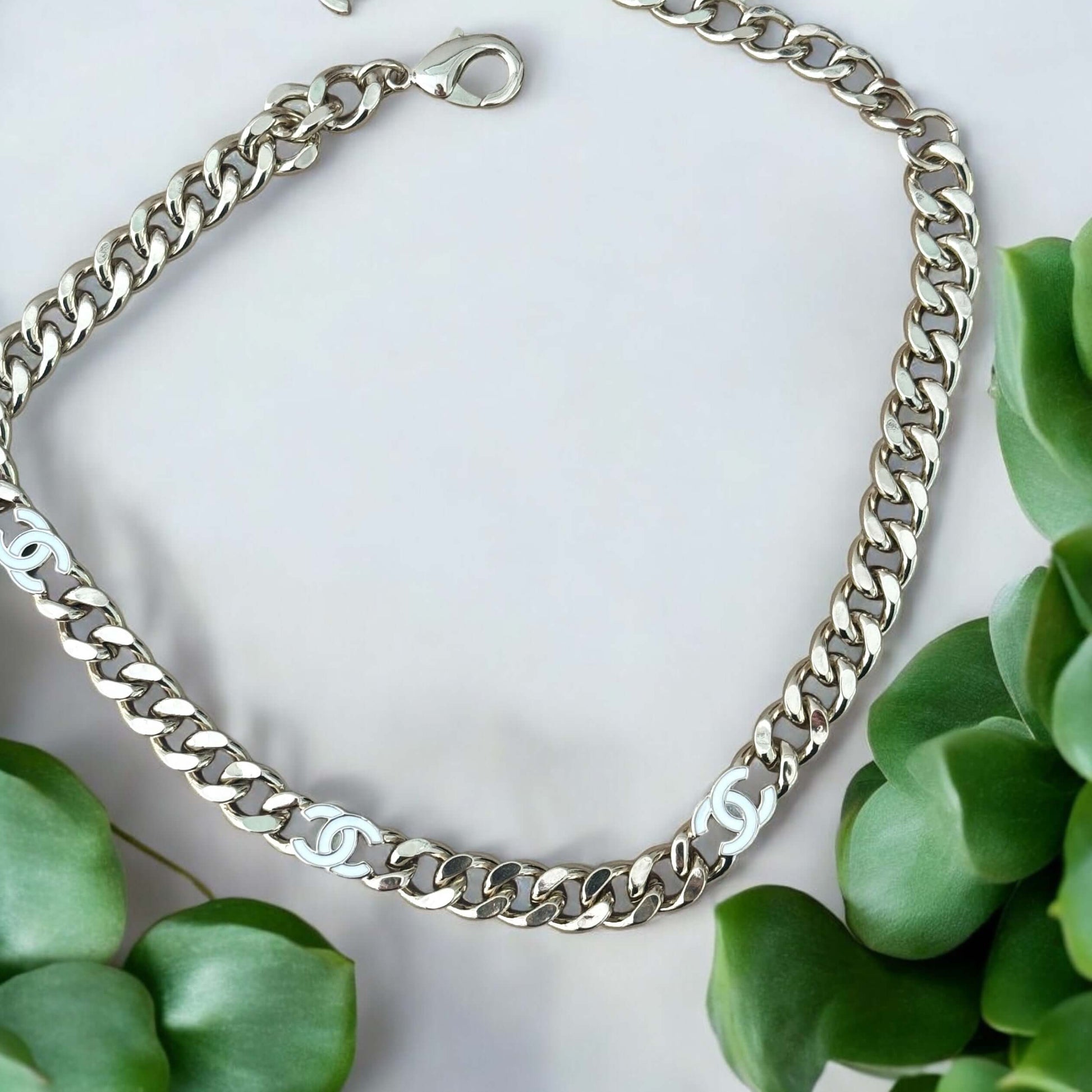 Pre-Owned Authentic Chanel CC Gold Chain Link w/white enamel choker - My Mama Found What  