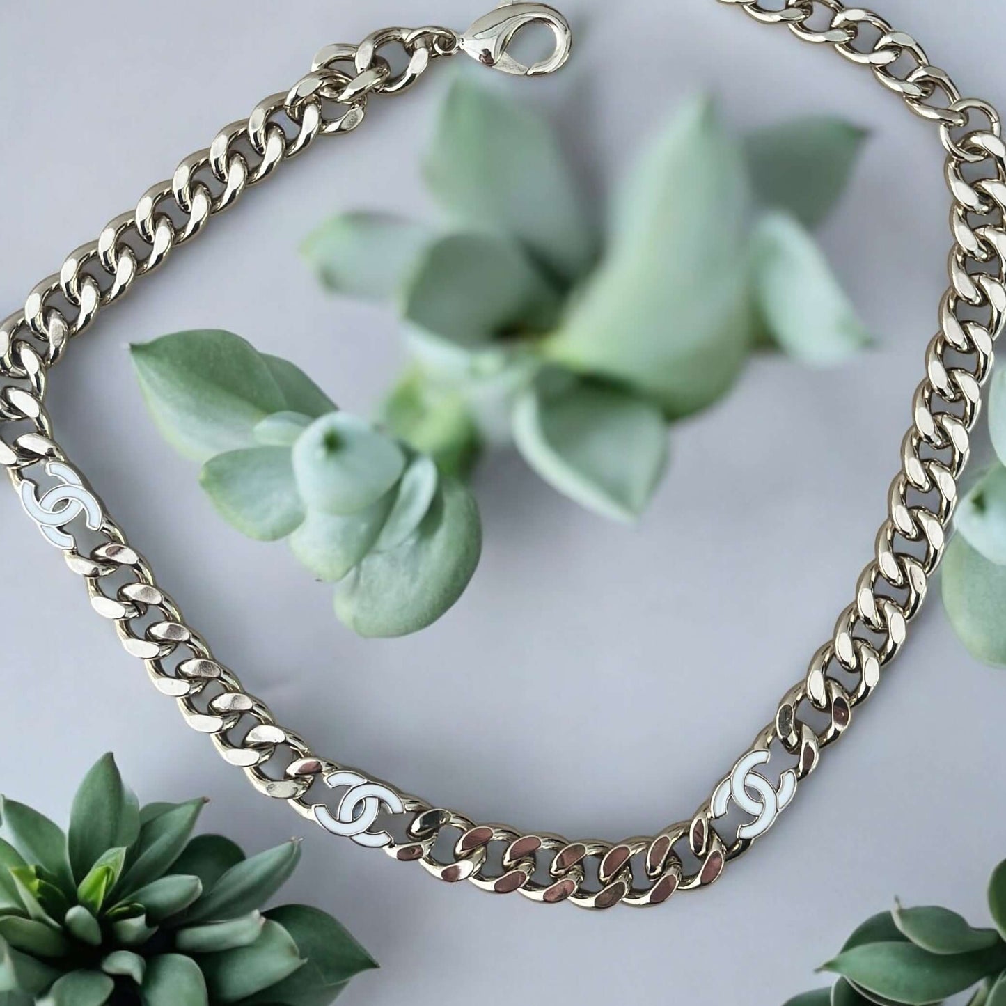 Pre-Owned Authentic Chanel CC Gold Chain Link w/white enamel choker - My Mama Found What   My Mama Found What 