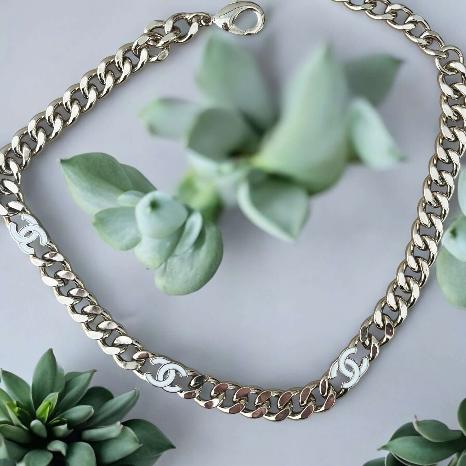 Pre-Owned Authentic Chanel CC Gold Chain Link w/white enamel choker - My Mama Found What  