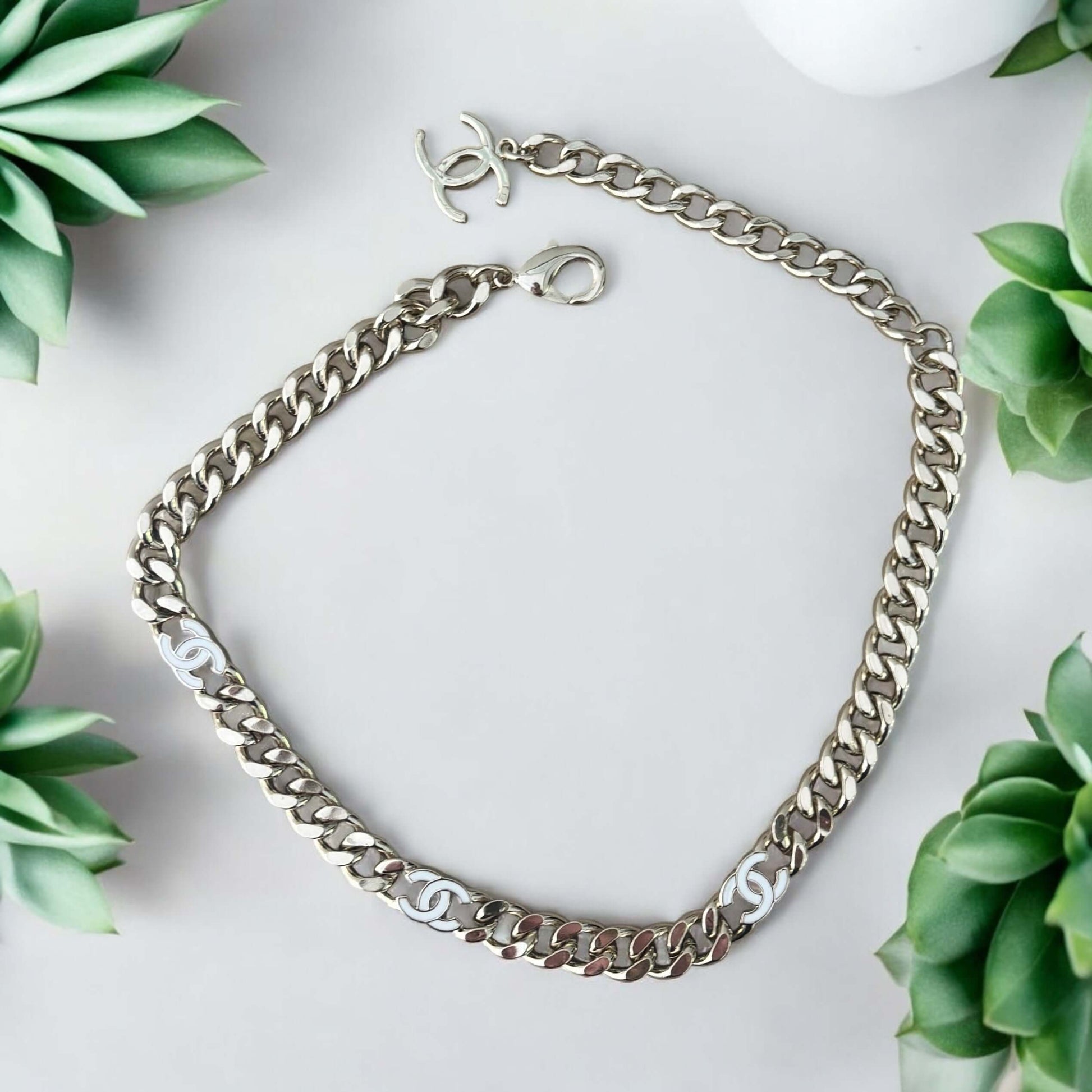 Pre-Owned Authentic Chanel CC Gold Chain Link w/white enamel choker - My Mama Found What  