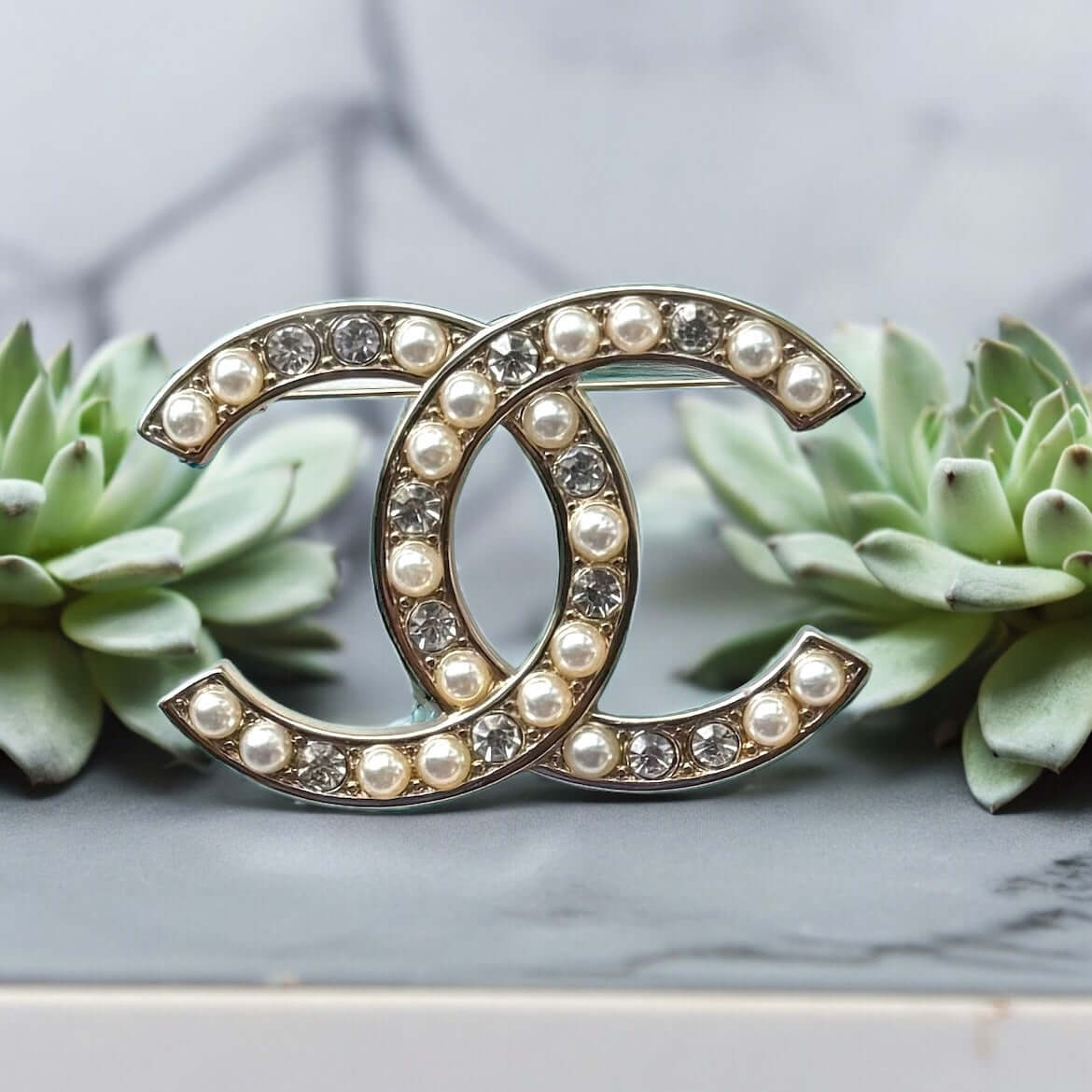 Pre-Owned Chanel CC Silver with Crystals & Pearls Brooch - My Mama Found What  