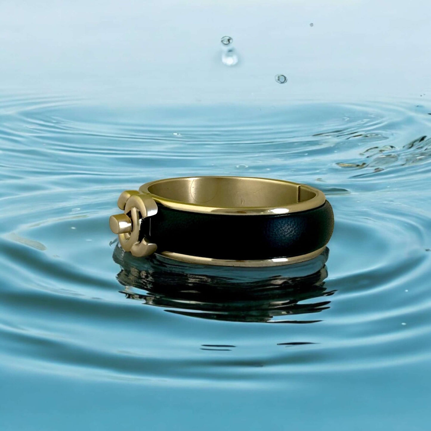 Pre-Owned Chanel Gold Blk Leather CC Lock Cuff - My Mama Found What   My Mama Found What 