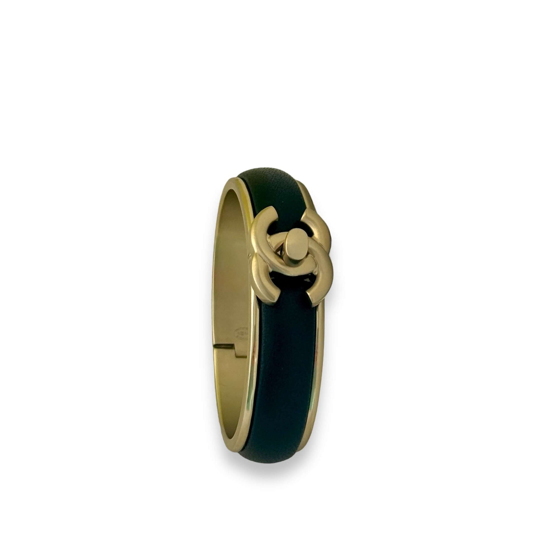 Pre-Owned Chanel Gold Blk Leather CC Lock Cuff - My Mama Found What  