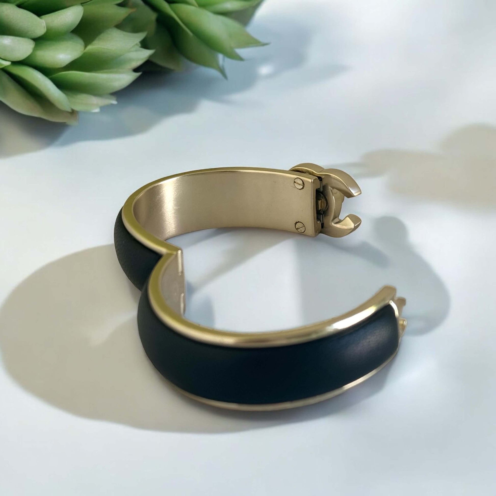 Pre-Owned Chanel Gold Blk Leather CC Lock Cuff - My Mama Found What  
