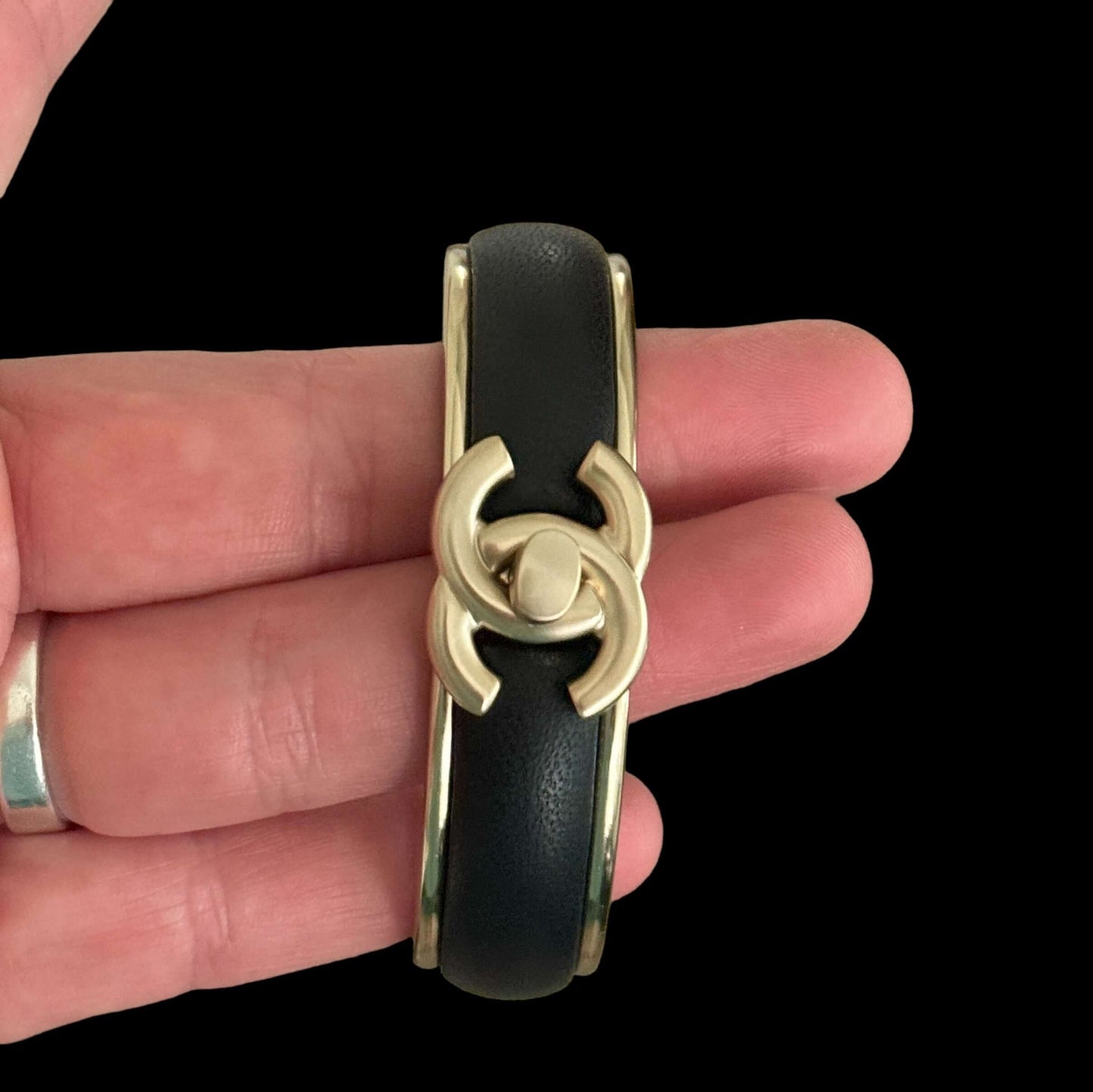 Pre-Owned Chanel Gold Blk Leather CC Lock Cuff - My Mama Found What   My Mama Found What 