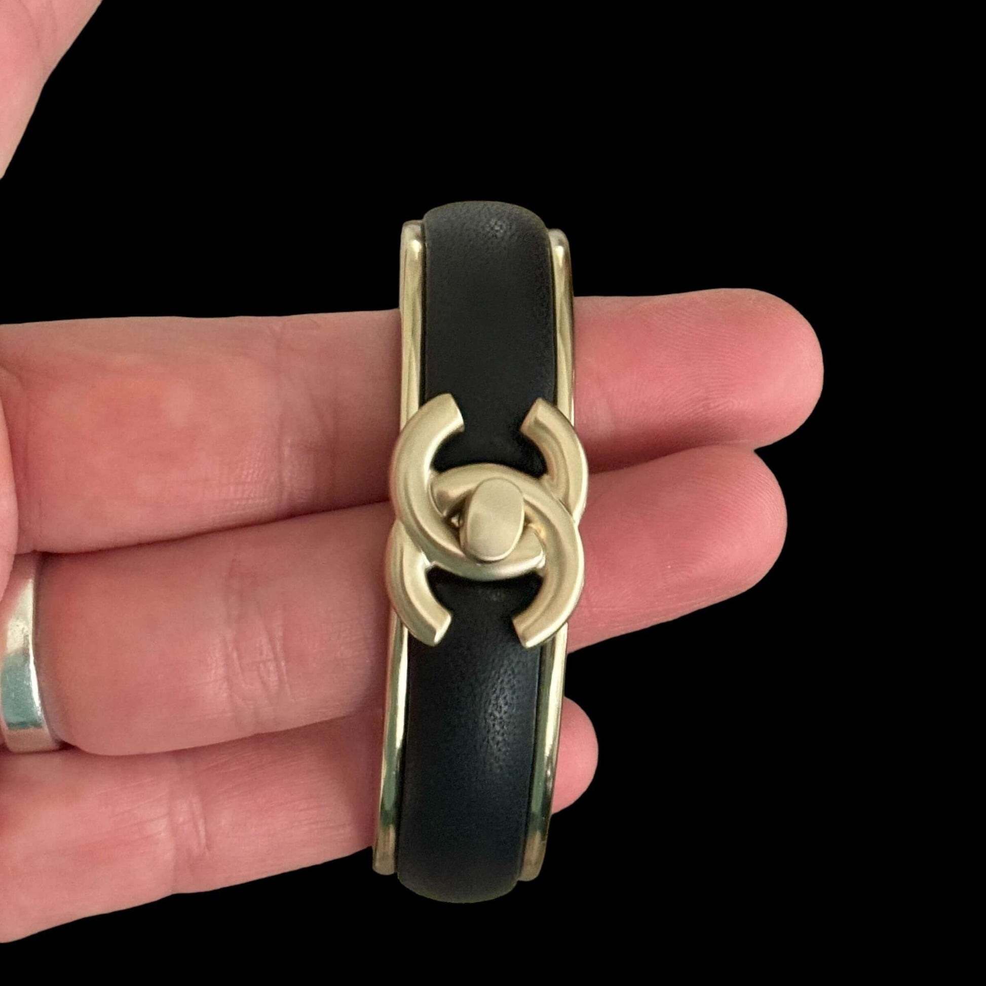 Pre-Owned Chanel Gold Blk Leather CC Lock Cuff - My Mama Found What  