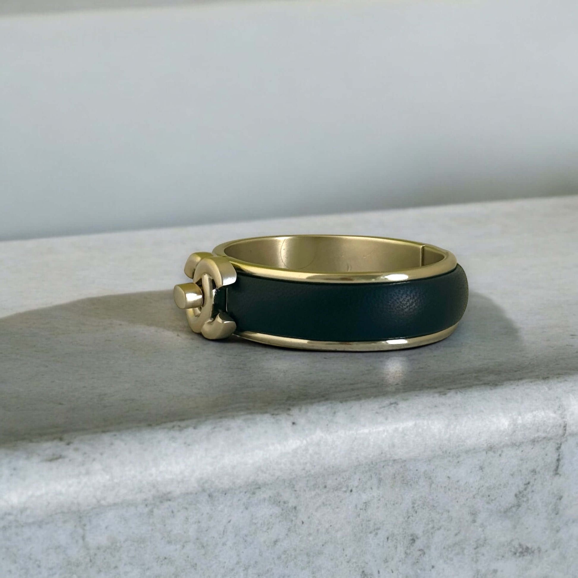 Pre-Owned Chanel Gold Blk Leather CC Lock Cuff - My Mama Found What  