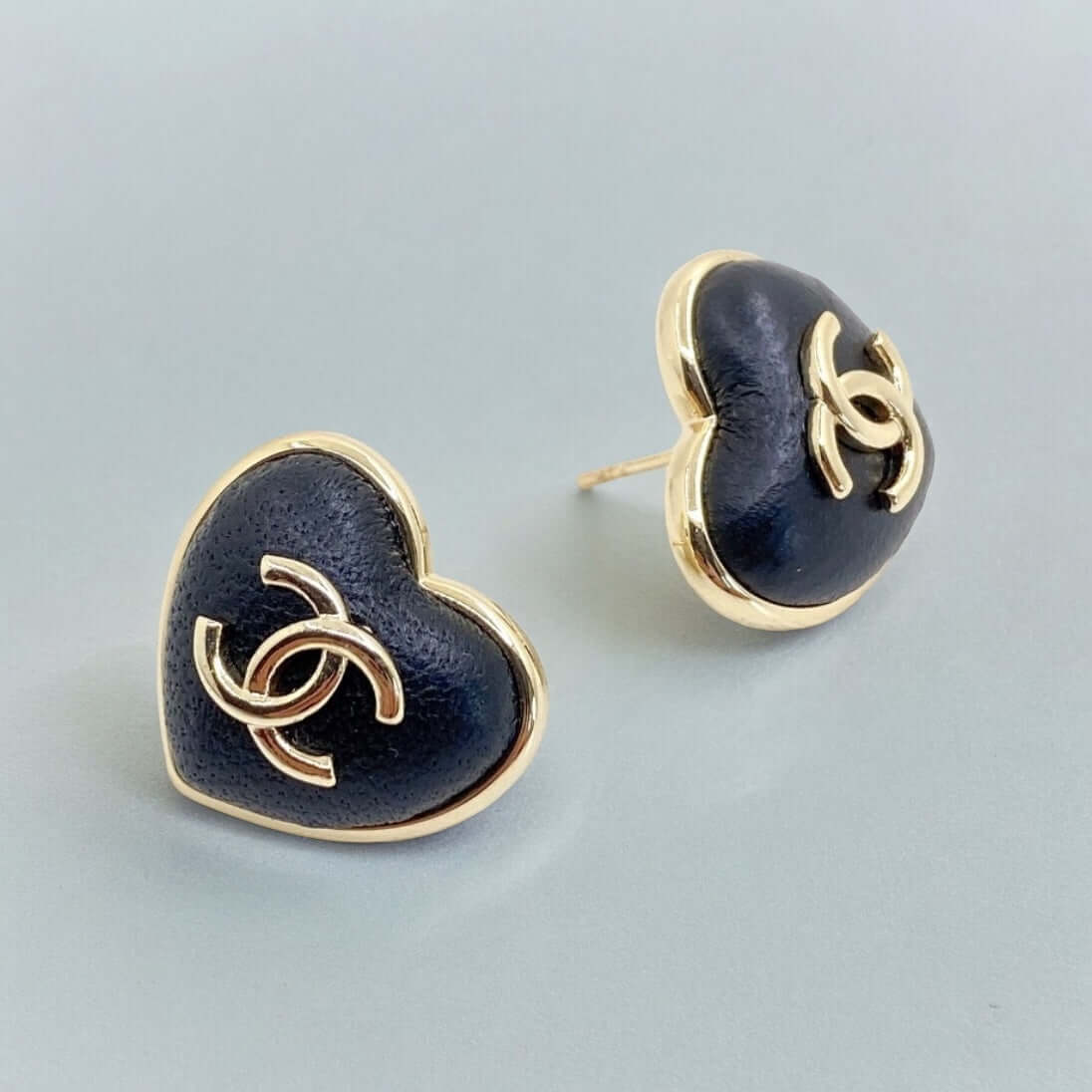Pre-Owned Chanel Gold CC Black Leather Heart Shaped Post Earrings - My Mama Found What   My Mama Found What 
