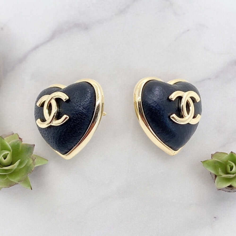 Pre-Owned Chanel Gold CC Black Leather Heart Shaped Post Earrings - My Mama Found What   My Mama Found What 