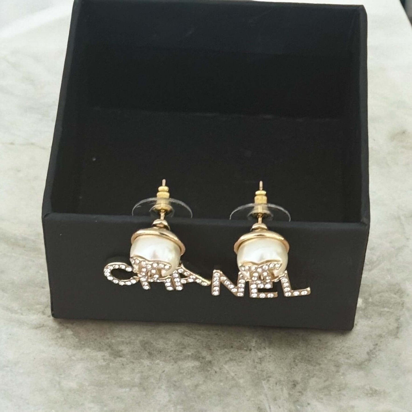 Chanel Gold Earrings with Crystal Encrusted "CHA" "NEL" on Black Box. My Mama Found What 