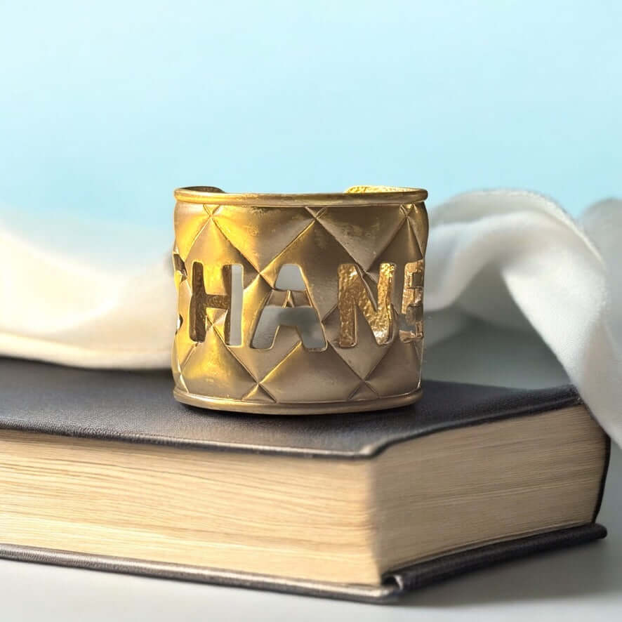 Vintage Chanel Mark Gold Plated Quilted Cuff Pre-Owned Authentic - My Mama Found What  
