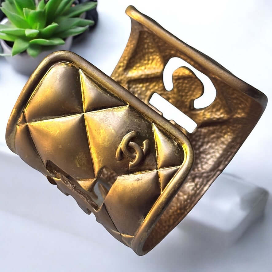 Vintage Chanel Mark Gold Plated Quilted Cuff Pre-Owned Authentic - My Mama Found What   My Mama Found What 