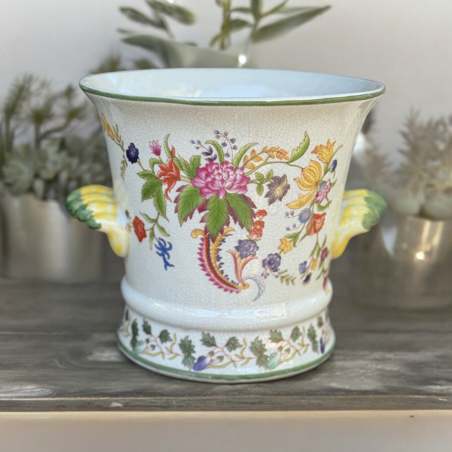 Untitled Apr15_19:36Truly elegantly understated . Purchased at an Estate Sale in N.C. about 15 years ago Free from any major cracks or chips Has the perfect amount of rich charm Height is approx : 7” Dia is approx : 7.5” Handled and Shipped with great car My Mama Found What 